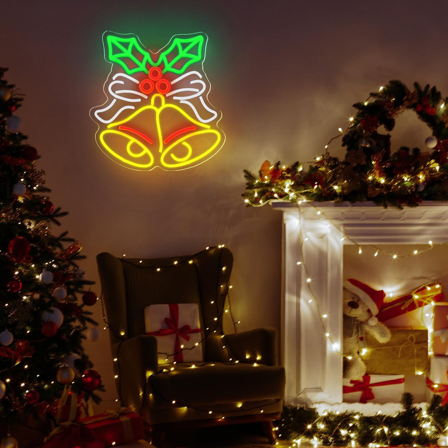 Xuhal Christmas Bell Neon Sign Christmas Neon Lights LED Light up Sign USB Wall Bar Living Room Decor for Xmas Party Home Bedroom Office