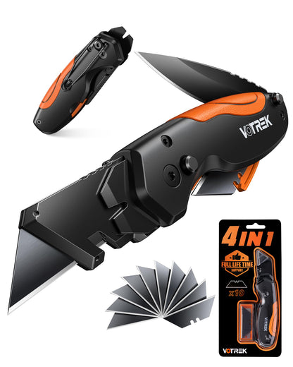 VOTREK 4-in-1 Multitool Folding Utility Knife Box Cutter, Pocket Knives with Belt Clip, Quick-Change Razor Knife with Blade Storage, Navajas para Trabajo,Fathers Day Dad Gifts, Extra 10 SK5 Blades