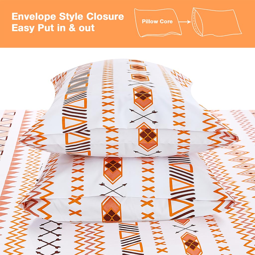 JSD Geometric Printed Sheet Set Queen, 4 Piece Soft Orange Pattern Microfiber Sheets Extra Deep Pocket