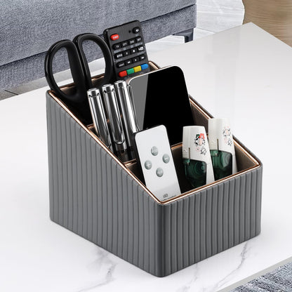 KINGFOM 3 Slot PU Leather Remote Controller Holder, Home Sundries Storage Box, TV Guide/Mail/CD Organizer/Caddy/Holder with Free Cable Desk Organizer (Gray)