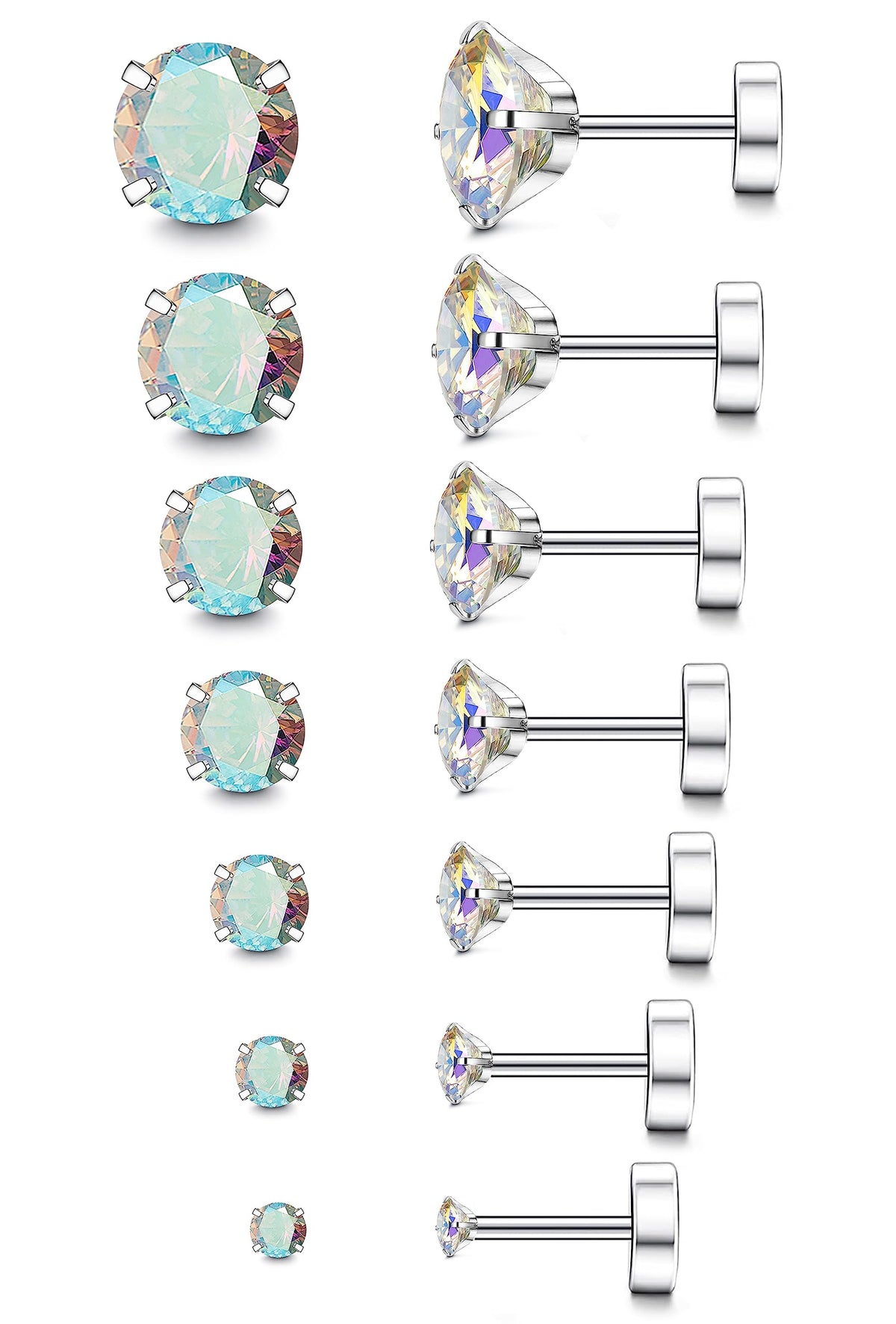 Fansilver 20G Hypoallergenic Flat Back Earrings for Women Men Silver 14K Gold Stainless Steel Stud Earrings Brithstone Cubic Zirconia Studs Surgical Steel Cartilage Earrings for Sensitive Ears