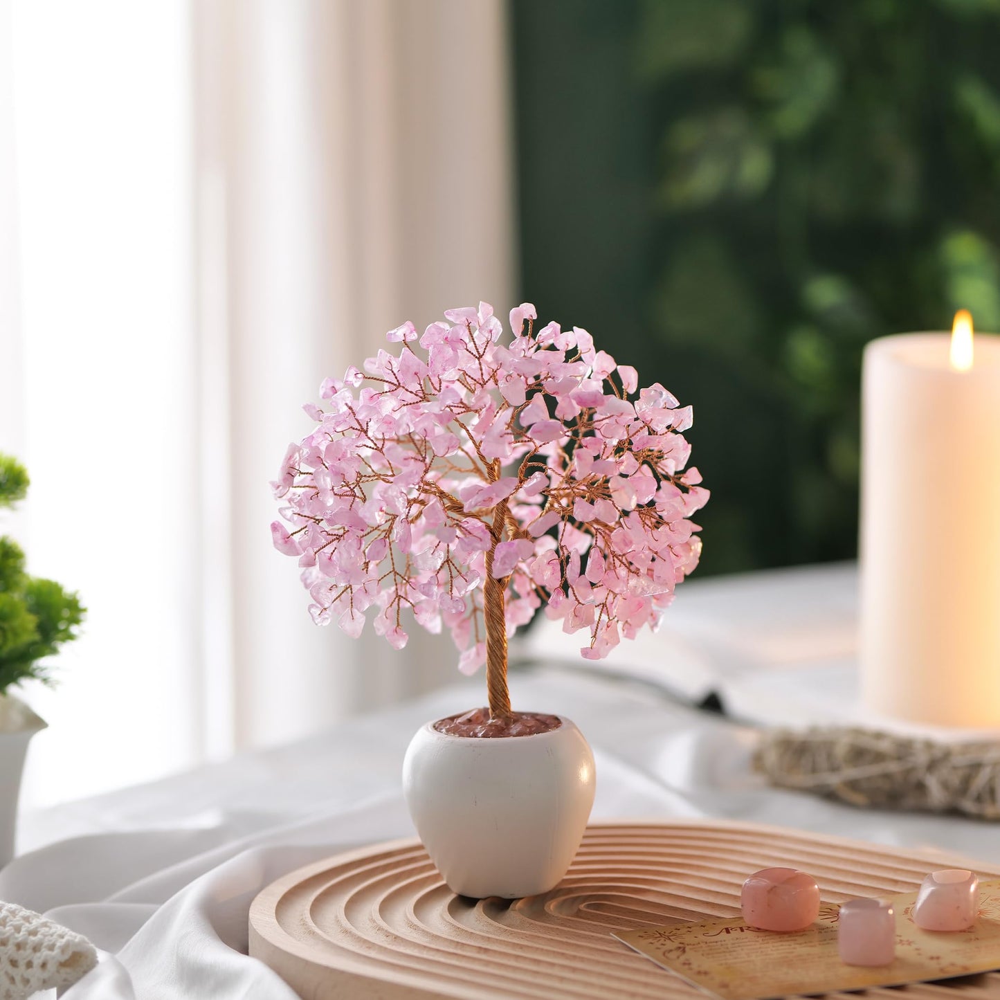 Rose Quartz Stone Chakra Crystal Tree Money Tree Feng Shui Gemstone Tree of Life with Pot Base, Good Luck Tree Christmas Home Office Desk Crystal Decor Ornaments, for Emotional Healing, Heart Chakra