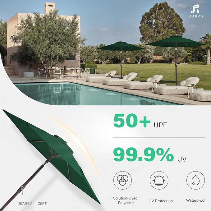 JEAREY 7.5FT Patio Umbrella Outdoor Market Umbrella with 6 Sturdy Ribs, Push Button Tilt/Crank Table Umbrella for Garden, Deck, Backyard and Pool, Dark Green