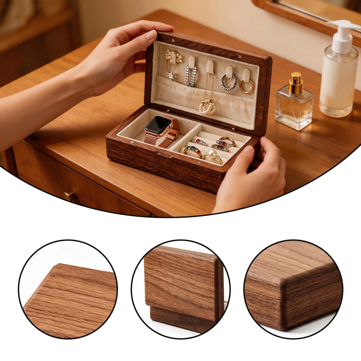 Cxomnndiw Small Wooden Jewelry Box | Versatile Mens Jewelry Box with Earring & Ring Organizer for Travel & Vanity Display