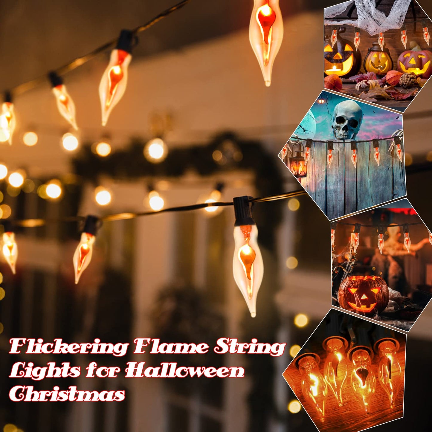 Glowzy 12.8Ft Christmas Lights Flickering Flame String Lights with 12 Pack Clear C7 Flame Light Bulbs（2 Spare）, Great for Indoor Outdoor Home Patio Party Christmas Decorations Lights, 1W, E12 Base