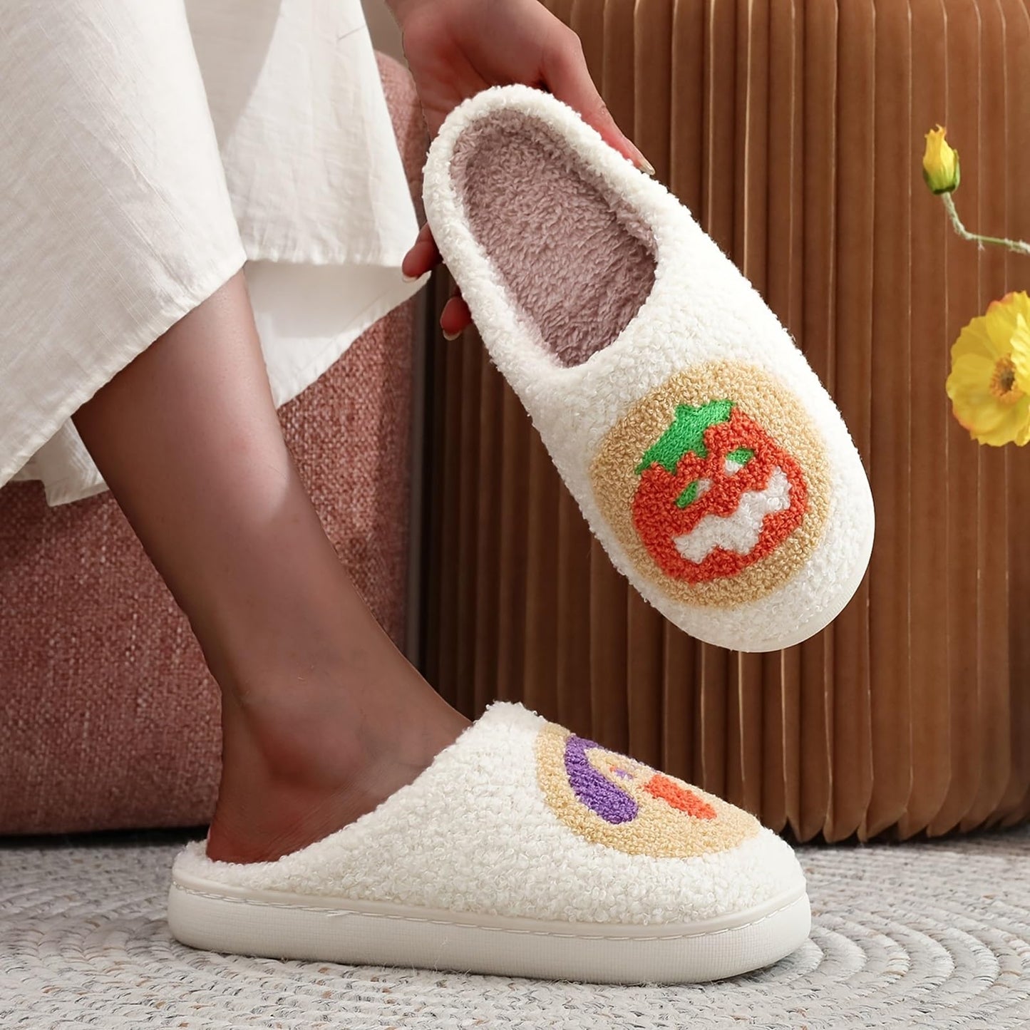 LNERIP Women's Men's Sugar Cookie Slippers Pumpkin Lantern Slipper Memory Foam Warm Plush Funny Halloween Cookies Slippers Embroidery Print House Shoes 41-42