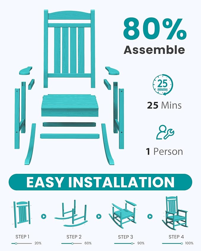 SERWALL HDPE Outdoor Rocking Chair Set of 2, Patio Rocking Chairs, All-Weather Porch Rockers for Adults, Aruba Blue
