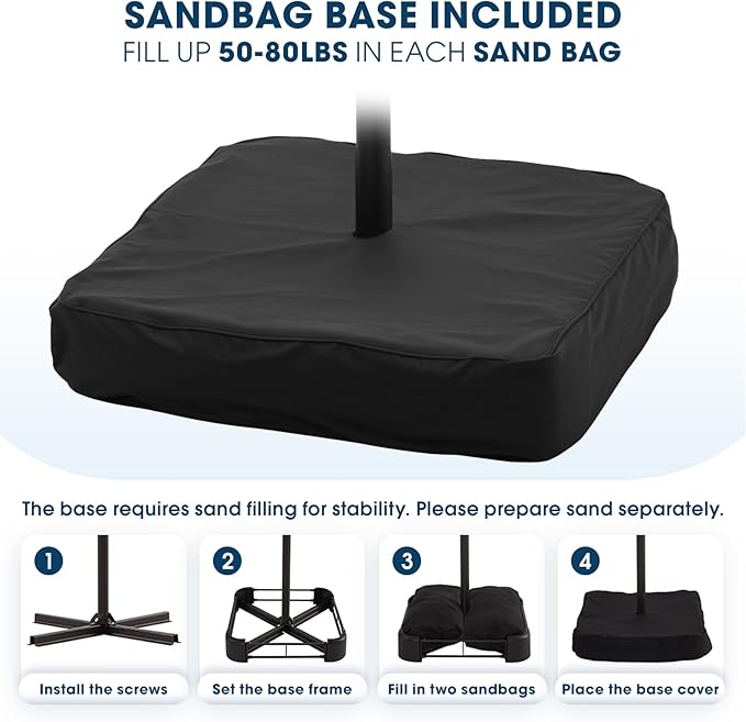wikiwiki 10ft Patio Umbrella with Base Included, Outdoor Offset Cantilever Umbrella with Sandbag Base for Backyard, Garden and Pool, Easy to Tilt and Crank, Black