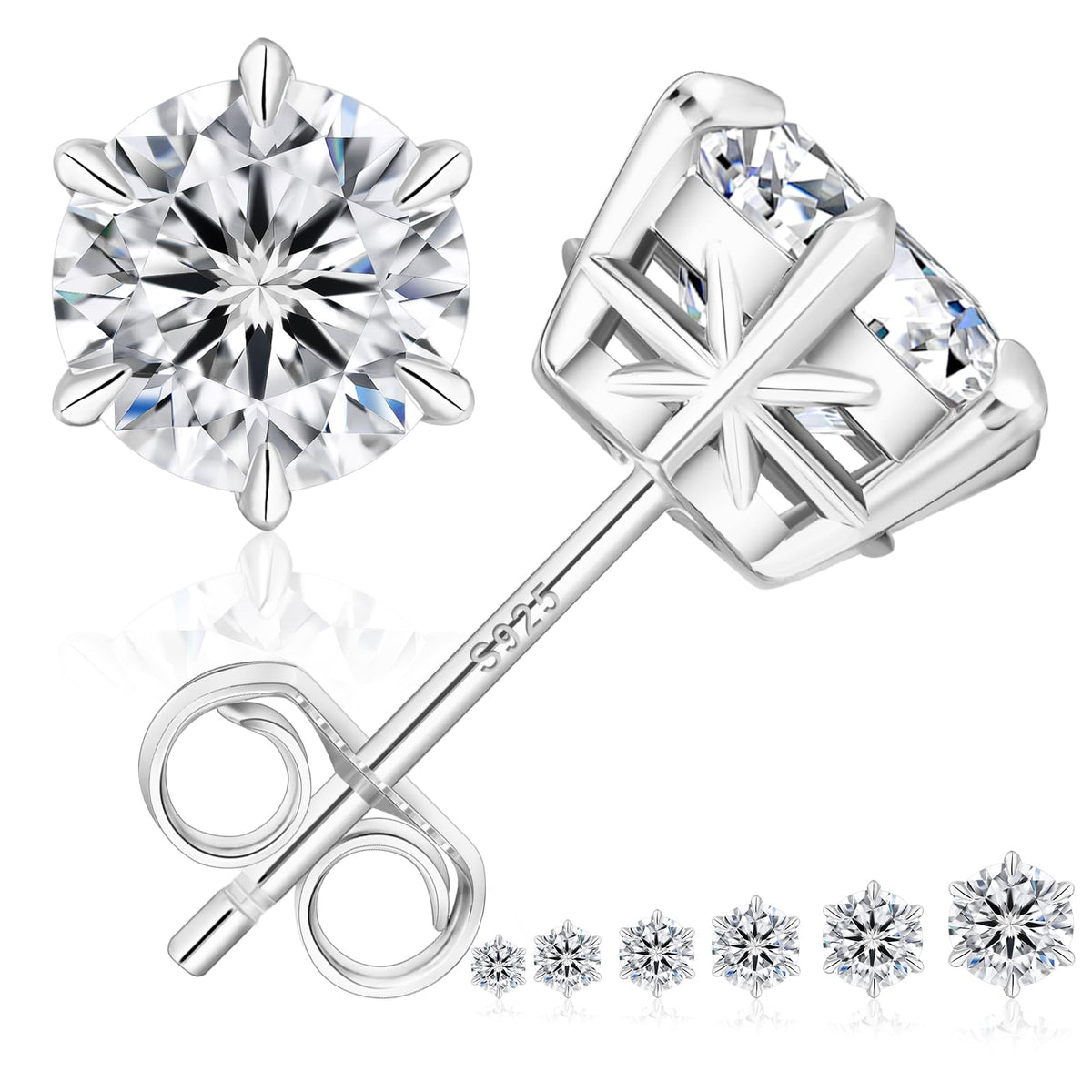 KRKC 0.6-3ct Moissanite Stud Earrings, D Color VVS1 Clarity, Lab Created Diamond Stud Earring for Women, 14K White Gold S925 Sterling Silver Earrings Friction Back for Women Men, Hypoallergenic