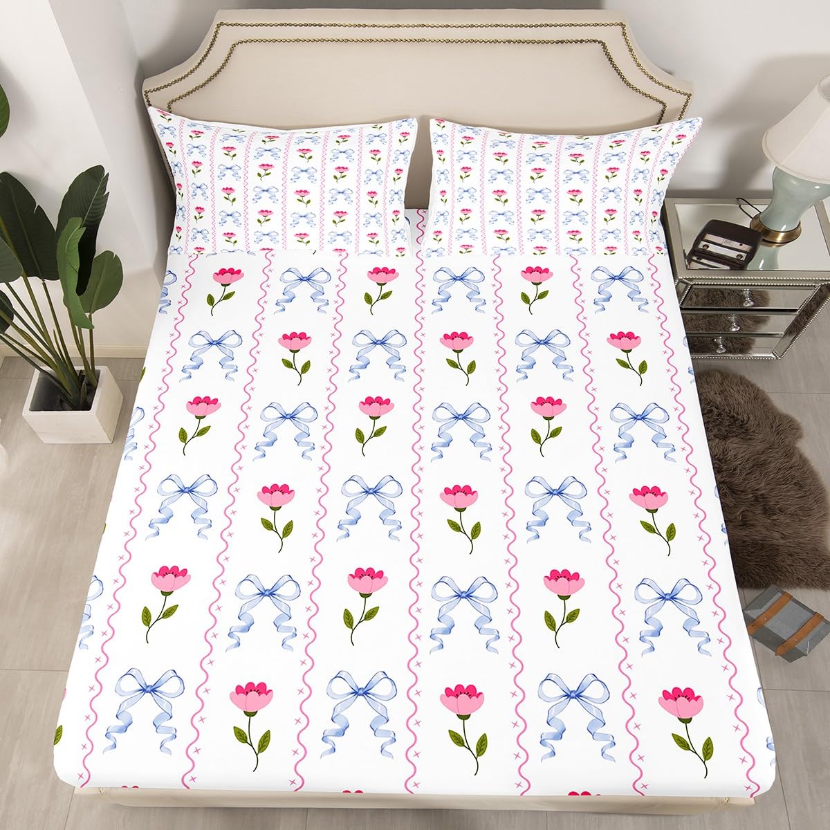 jejeloiu Bow Bed Sheets Set Twin Size Rose Deep Pocket Fitted Sheet Colourful Bowknot Bedding Sets Rose Floral Flower Soft Bed Set 3Pcs with 1 Pillow Cases