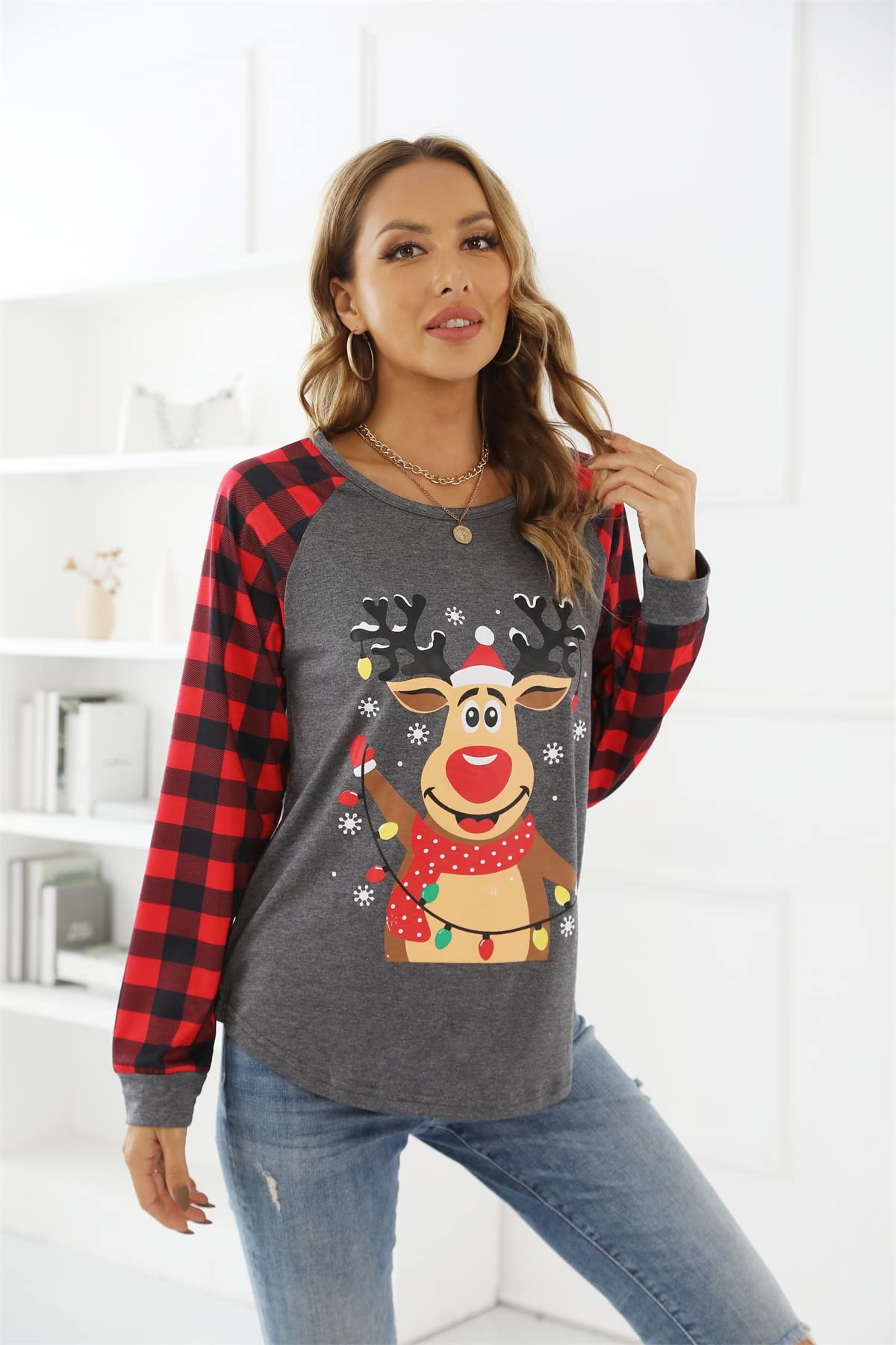 Women Merry Christmas T-Shirt Long Sleeve Plaid Raglan Splicing Reindeer Graphic Baseball Tee Top Christmas Santa Shirts Gray Red Reindeer 4325-L