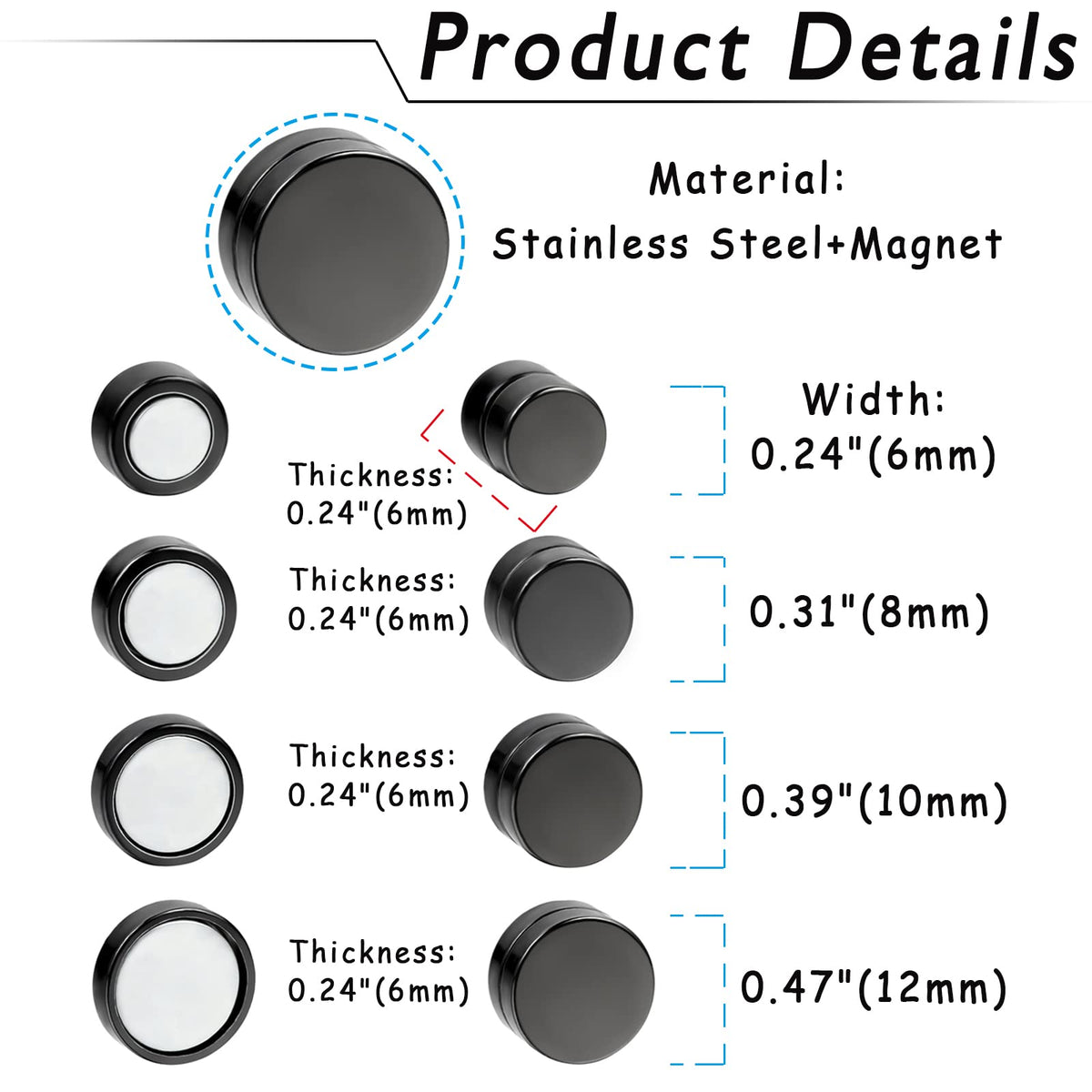 Rofusn Punk 8mm Stainless Steel Black Non-piercing Clip On Fake Cheater Stud Earrings for Men Women