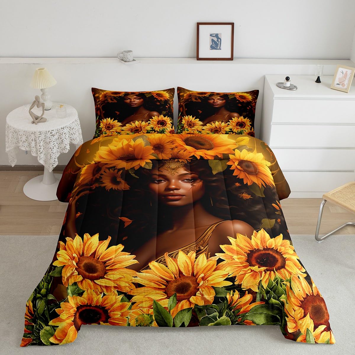 Black Girls Bedding Set Queen Size,American African Beauty Comforter Set for Kids Women Teens Adult Bedroom Decor,3D Sunflower Plants Quilt Set Nature Romantic Duvet Insert 3Pcs,2 Pillowcases
