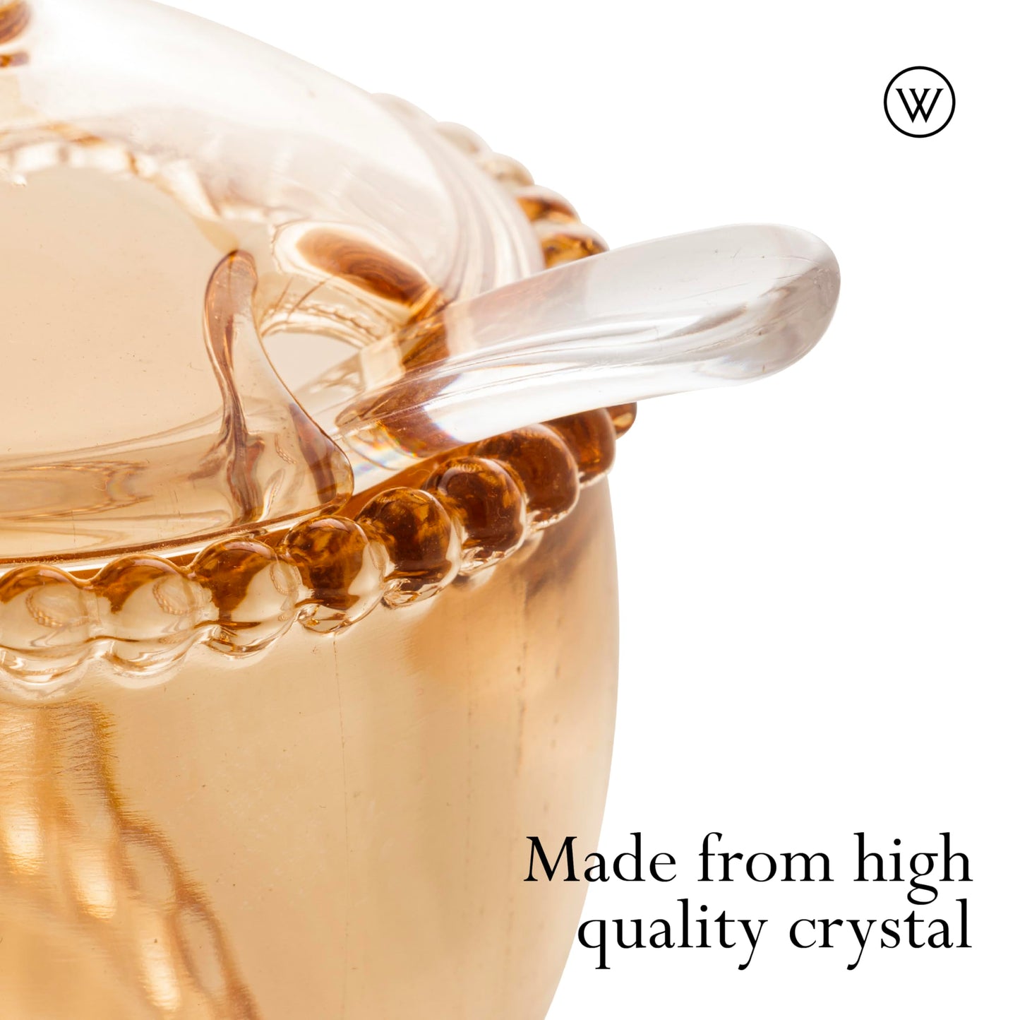 WOLFF - Pearl Crystal Beaded Sugar Bowl with Lid and Spoon - Sugar Holder, Dish for Candy Dispenser, Salt, Condiments and Spices, Jelly Jar (Amber, Sugar Bowl)