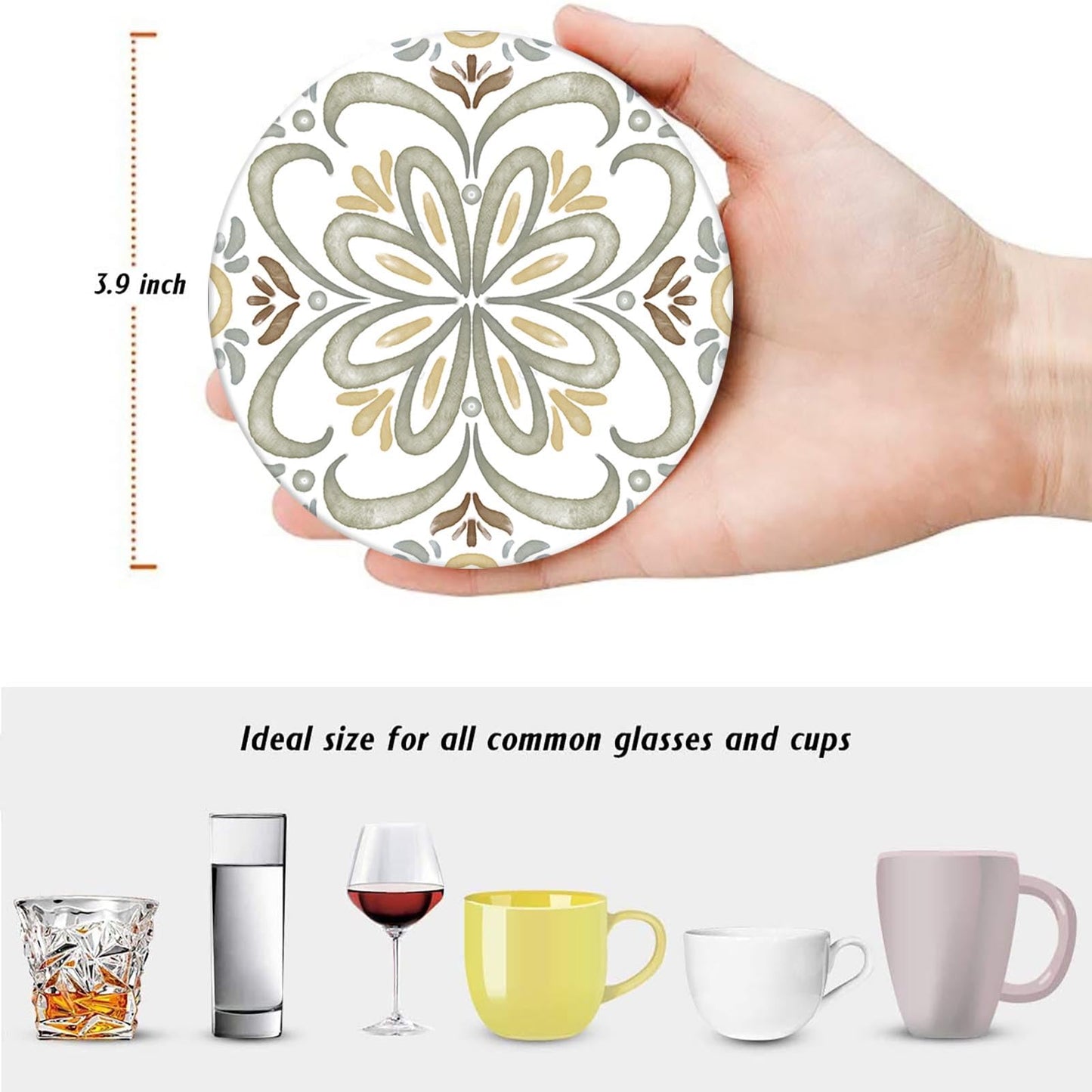 Bribay Coaster for Drinks Set of 6, Ceramic Gray Moroccan Talavera Absorbent Round Ceramic Stone Mat, with Cork Base and Metal Holder, Gift for Housewarming Room Bar Decor