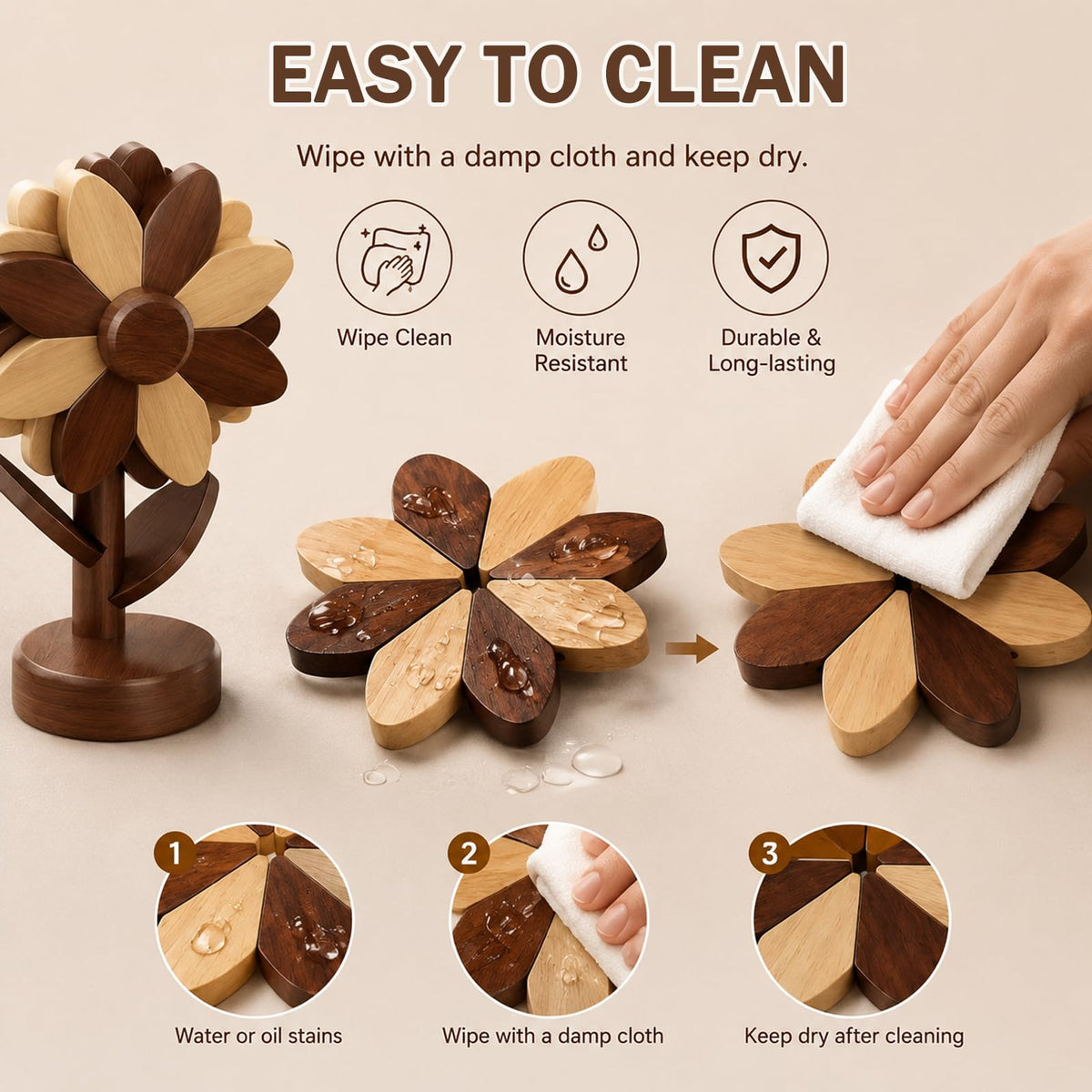 Wooden Trivets for Hot Dishes, 3-Piece Foldable Sunflower Coaster Set with Tree Stand, Heat Resistant Pot Holders for Pots, Pans and Countertops