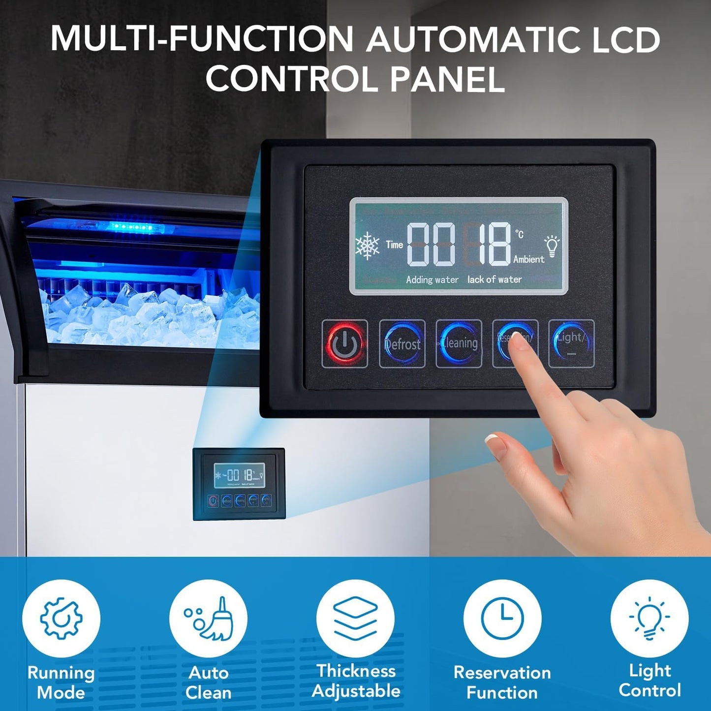 High-Efficiency Commercial Ice Machine – 200 lbs/24h Production, 55 lbs Storage, 126 Cubes/12 Min, LED Panel, Built-in Filter, for Home, Office, Bar, Parties