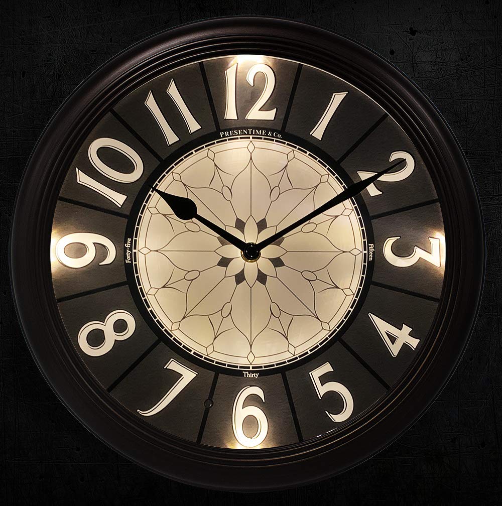Presentime & Co. 12.6" Illuminated Farmhouse Wall Clock, Silent Battery Operated Night Light Wall Clock with Smart LED Sensor for Living Room, Bathroom, Kitchen, Home Office, Oil Rubbed Bronze Finish