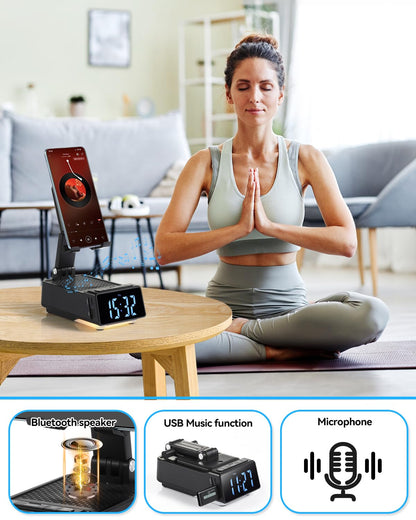 Father's Day Gifts for Dad, Birthday Gifts for Men, 7 in 1 Phone Stand Bluetooth Speaker with Alarm Clock, Wireless Charger, Light, USB Playback & Hands-Free Calling