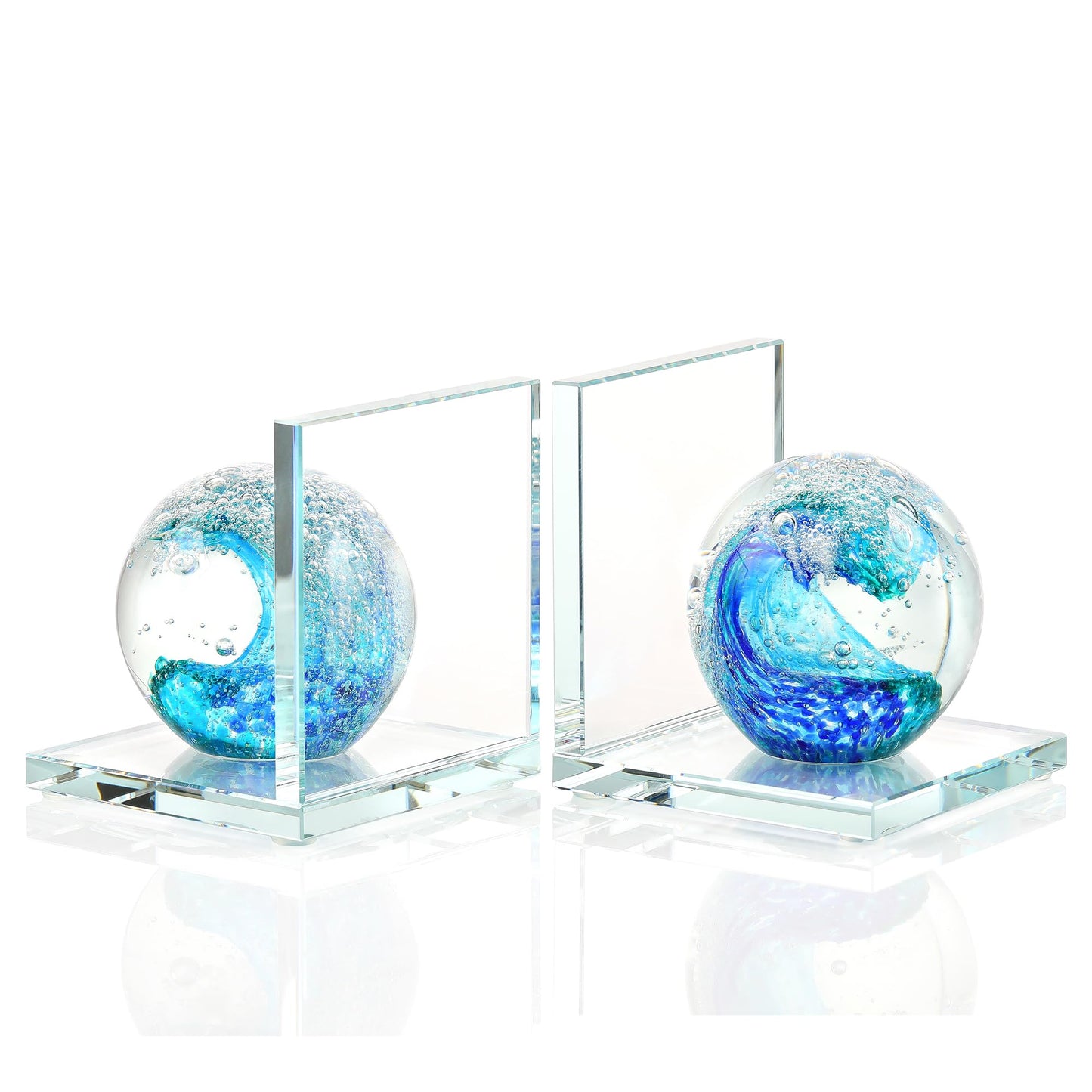Book Ends for Shelves, Glass Bookends with Deep Ocean Blue Crystal Hand Blown Sea Wave Ball, Non Skid Sturdy Glass Decorative Bookends for Ocean Lovers, Heavy Books, Office, Set of 2