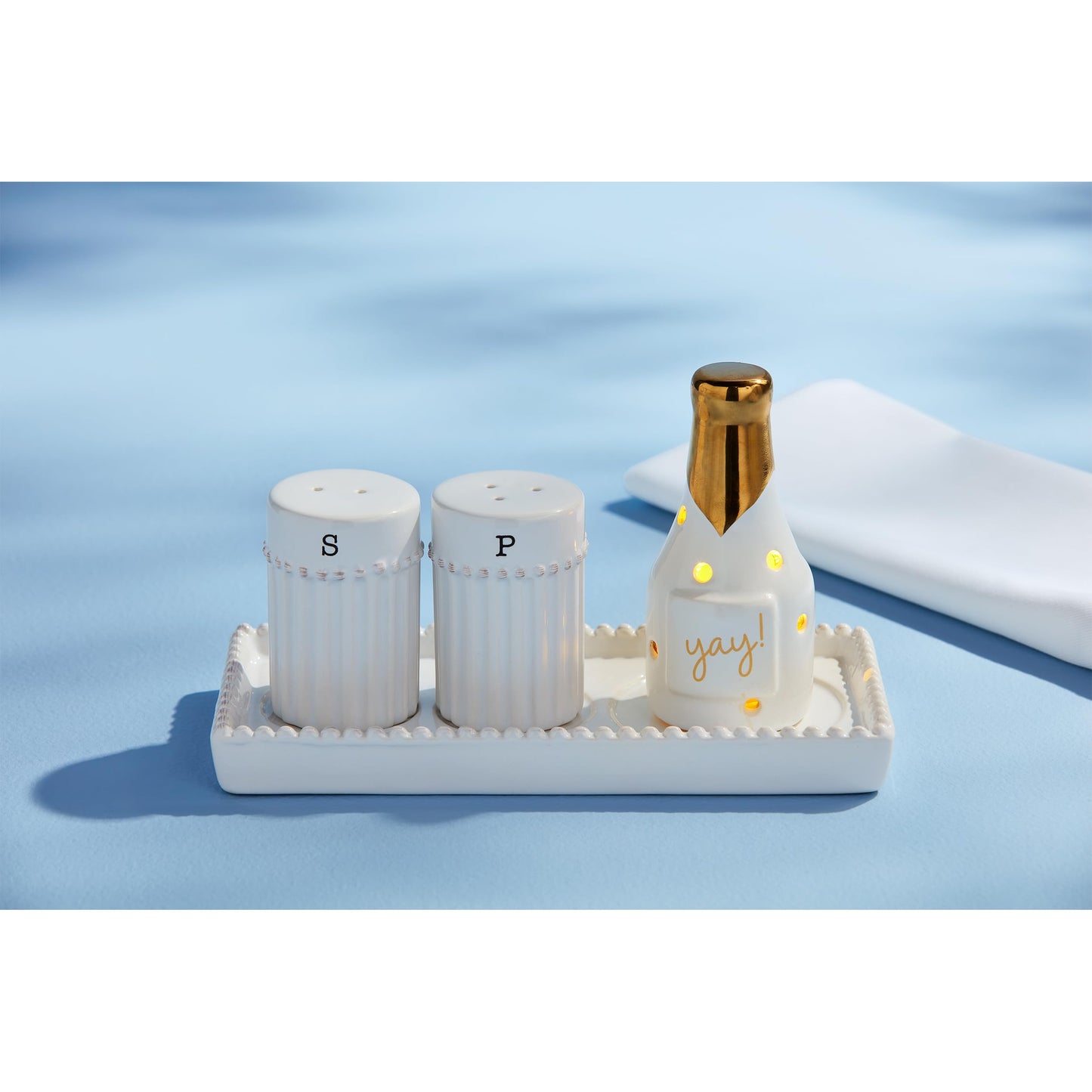 Mud Pie Salt Pepper Accessory Holder; shaker 2 3/4" x 1 3/4" dia | tray 3 1/4" x 6 3/4"
