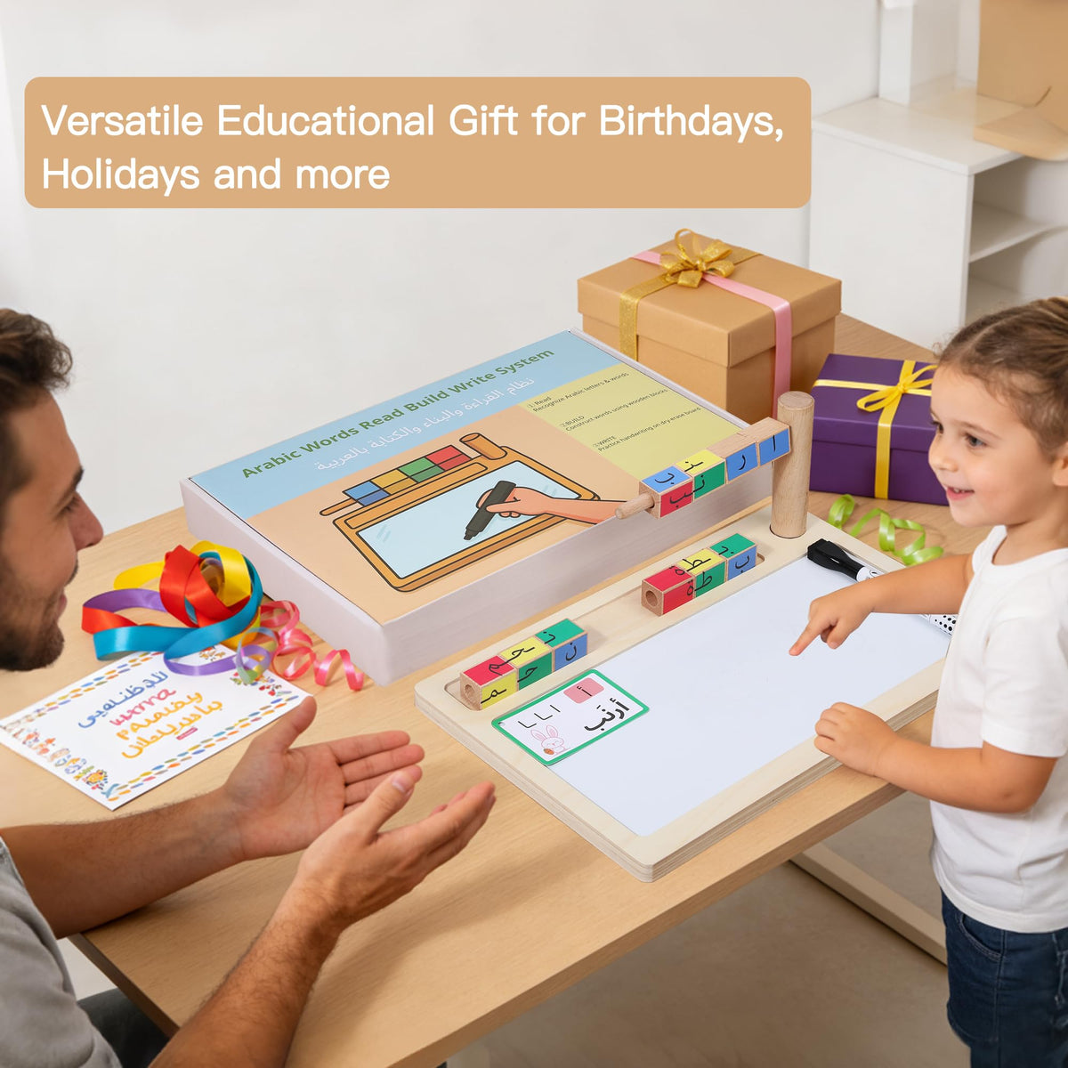 Arabic Read Build Write Toy with Wooden Letter Blocks & Writing Board