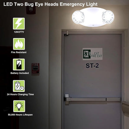 LIT-PaTH LED Emergency Lighting Fixtures with 2 LED Bug Eye Heads and Back Up Batteries- US Standard Exit Light, UL 924 and CEC Qualified, 120/277 Voltage, White, 1-Pack