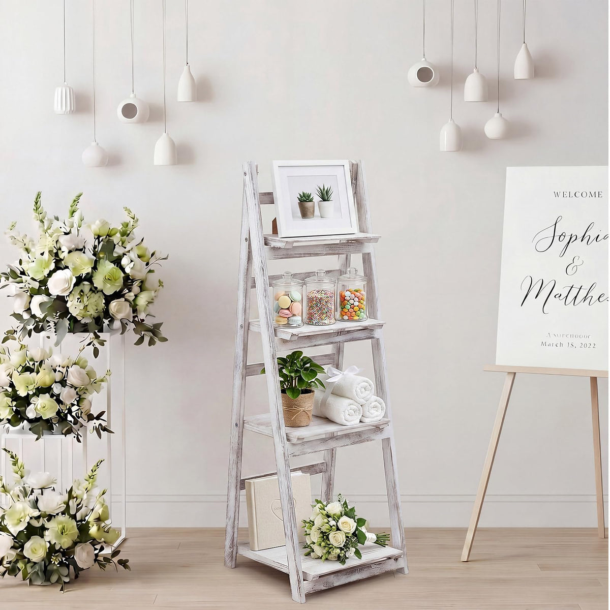 Sintuff White Wooden 4-tier Foldable Ladder Shelf, Sturdy Dessert & Snack Display Stand for Birthday Party & Wedding, Indoor Stand Corner Storage Bookshelf, Rustic Storage Rack, No Tool Assembly