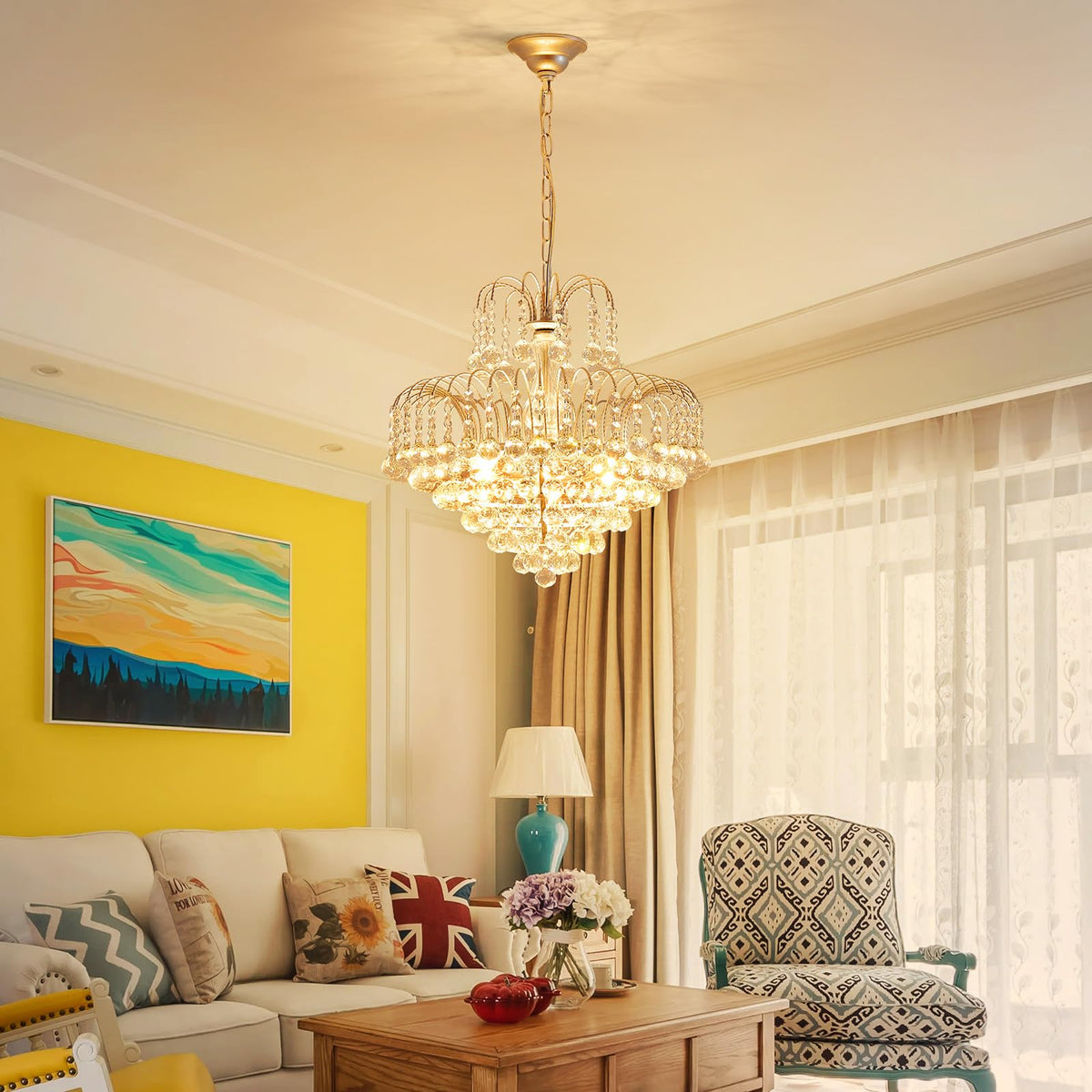 WUZUPS Crystal Chandelier Pendant Flushmount Ceiling Light Modern Lighting Fixture for Bedroom Hallway Bar Kitchen Bathroom, H 17.3" x W 18.9", Silver, E12 Base
