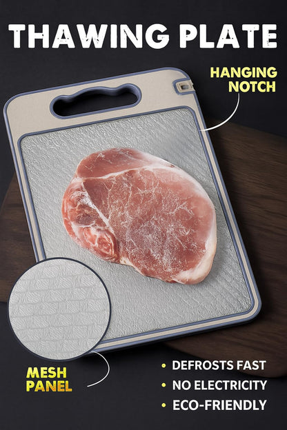 SEQ Premium 4-in-1 Stainless Steel Cutting Board with Knife Sharpener, Garlic Grater and Thawing Plate Double-Sided Metal Chopping Board for Meat, Vegetables, Fruits Durable Easy to Clean Kitchen Tool