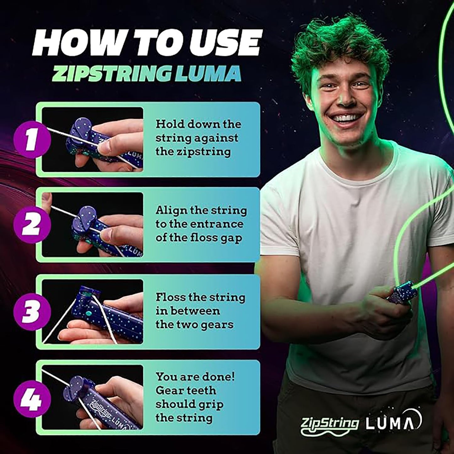 ZipString Luma – Glow in the Dark String Launcher Toy – Viral Outdoor Fidget Toy for Kids & Adults – Cool Rechargeable Toys – Cosmic Green Glow Zip String