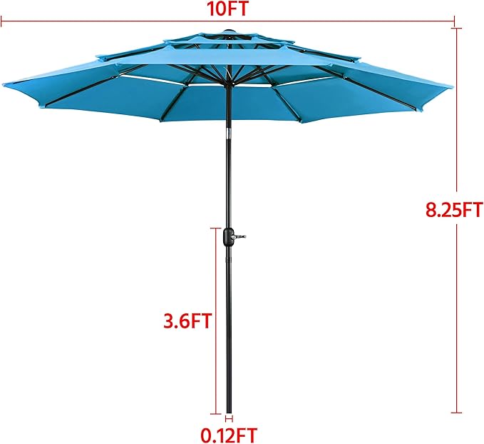 Yaheetech 3-Tier Patio Parasol 10ft Vented Outdoor Canopy Sun Shade Large Market Table Umbrella Double-layer Cloth & Push-button Tilting for Yard/Garden/Park Sky Blue