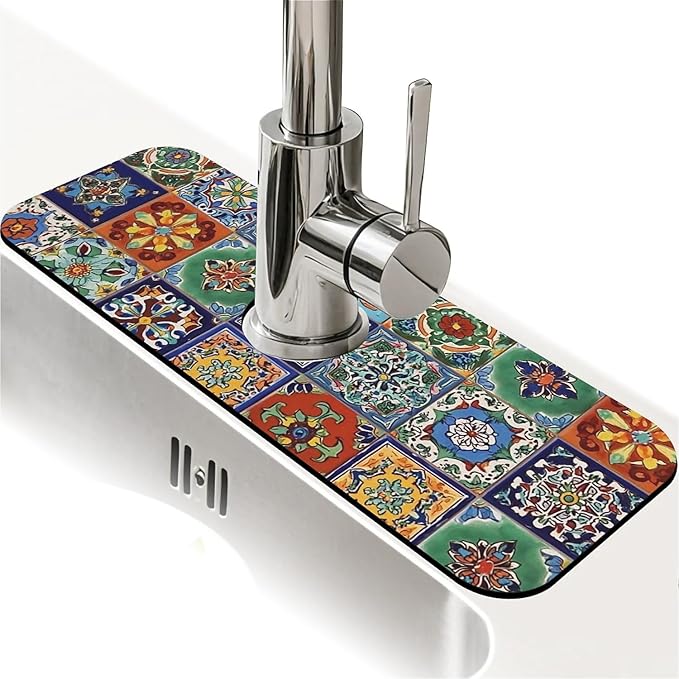 Kitchen Sink Splash Guard，Colorful Mexican tile Faucet Mat Sink Gadgets-Super