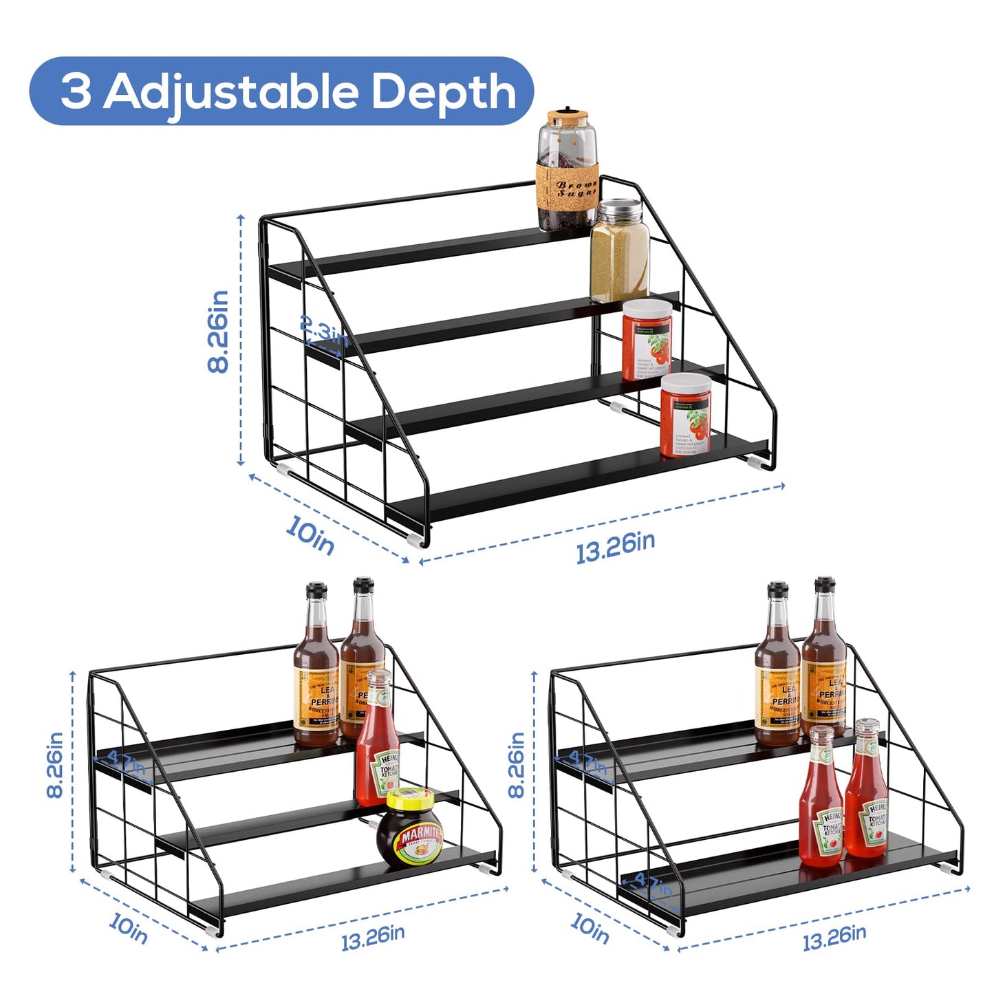 GIGIFTREE Spice Rack Organizer for Cabinet, 4 Tiered Spice Rack Organizer, Tiered Adjustable Spice Shelf for Kitchen Countertop Organization, Bright Black
