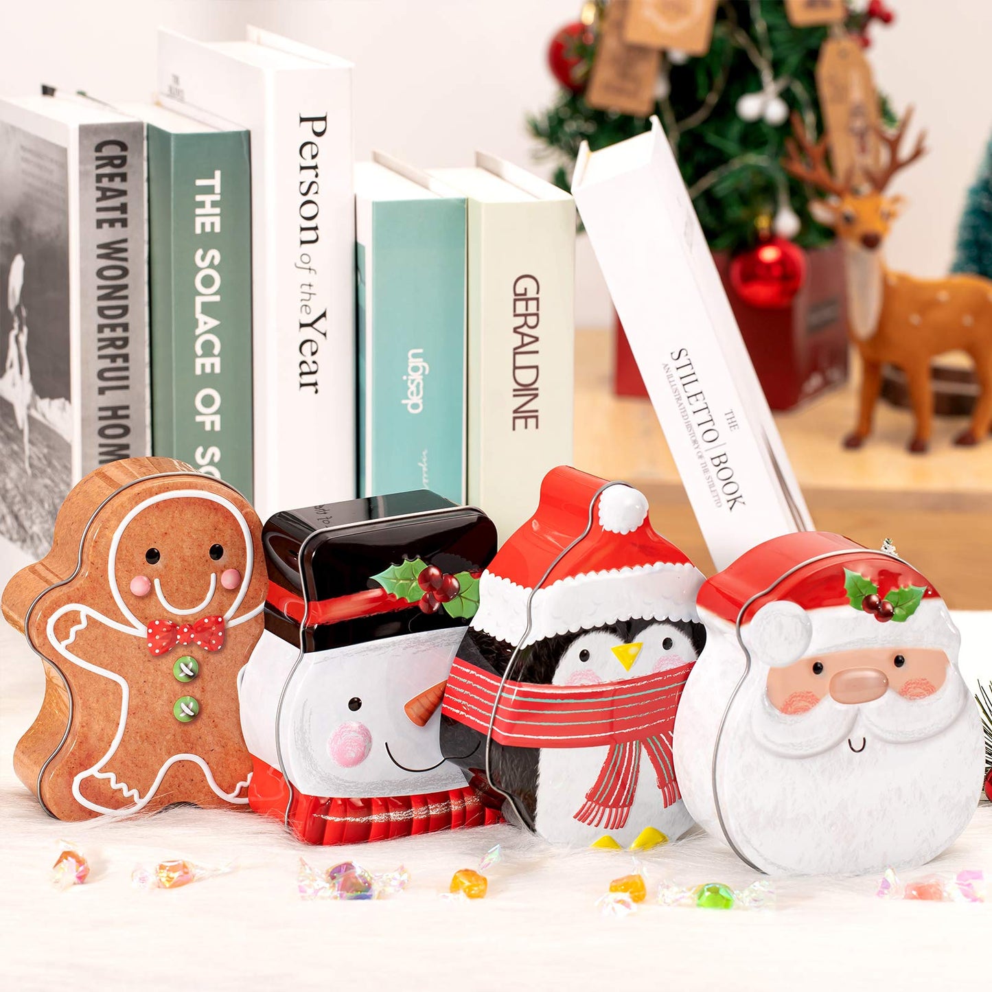 Whaline Christmas Cookie Tins with Lid Xmas Metal Cookie Tin Box Santa Clause Snowman Gingerbread Penguin Xmas Card Tin Box Cute Assorted Card Holder Containers for Christmas Party Decor, 4 Pcs
