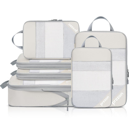 Prezon Compression Packing Cubes for Travel, Lightweight Vacation Travel Essentials, Travel Accessories for Suitcase Organizer Bags Set, Durable Luggage Organizer, 6 set, half mesh, Beige