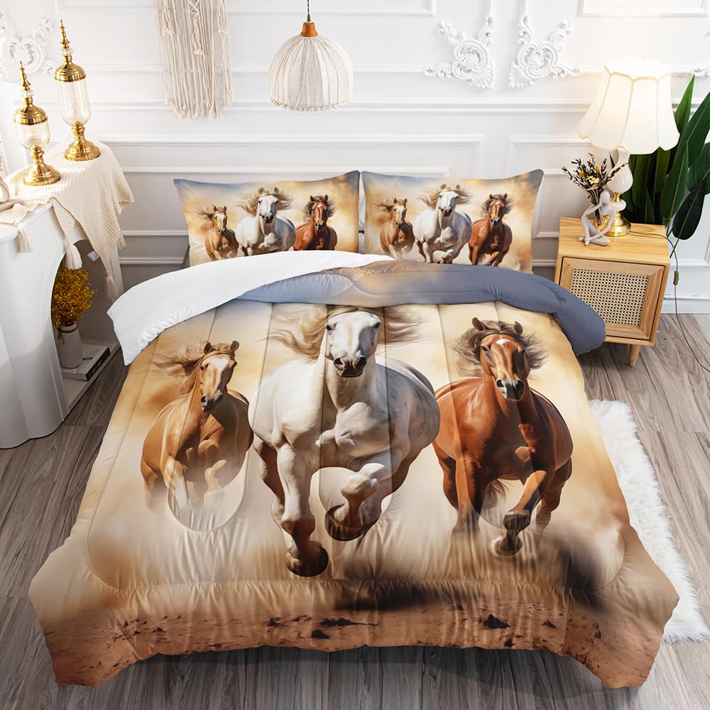 XYNHML Kid Galloping Horse Comforter Set Full Animal Theme Handsome Horse Bedding Set Wild Animal Grey Sky Sand Decor Quilt Bed Set for Boys Girls Adult, 1 Comforter + 2 Pillowcases