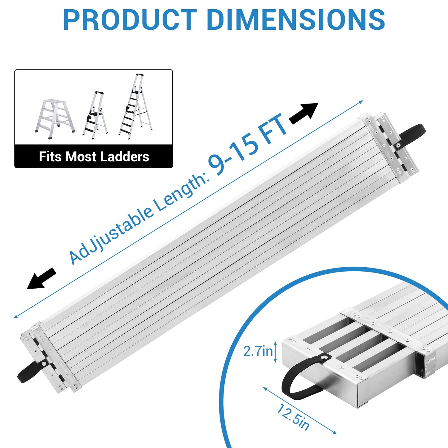 9-15FT Telescoping Scaffold Plank, 440Lb Capacity Aluminum Work Platform, 12.5" Wide Ladder Accessory with Skid-Proof Surface & Sticky Tape for Painting/Repair