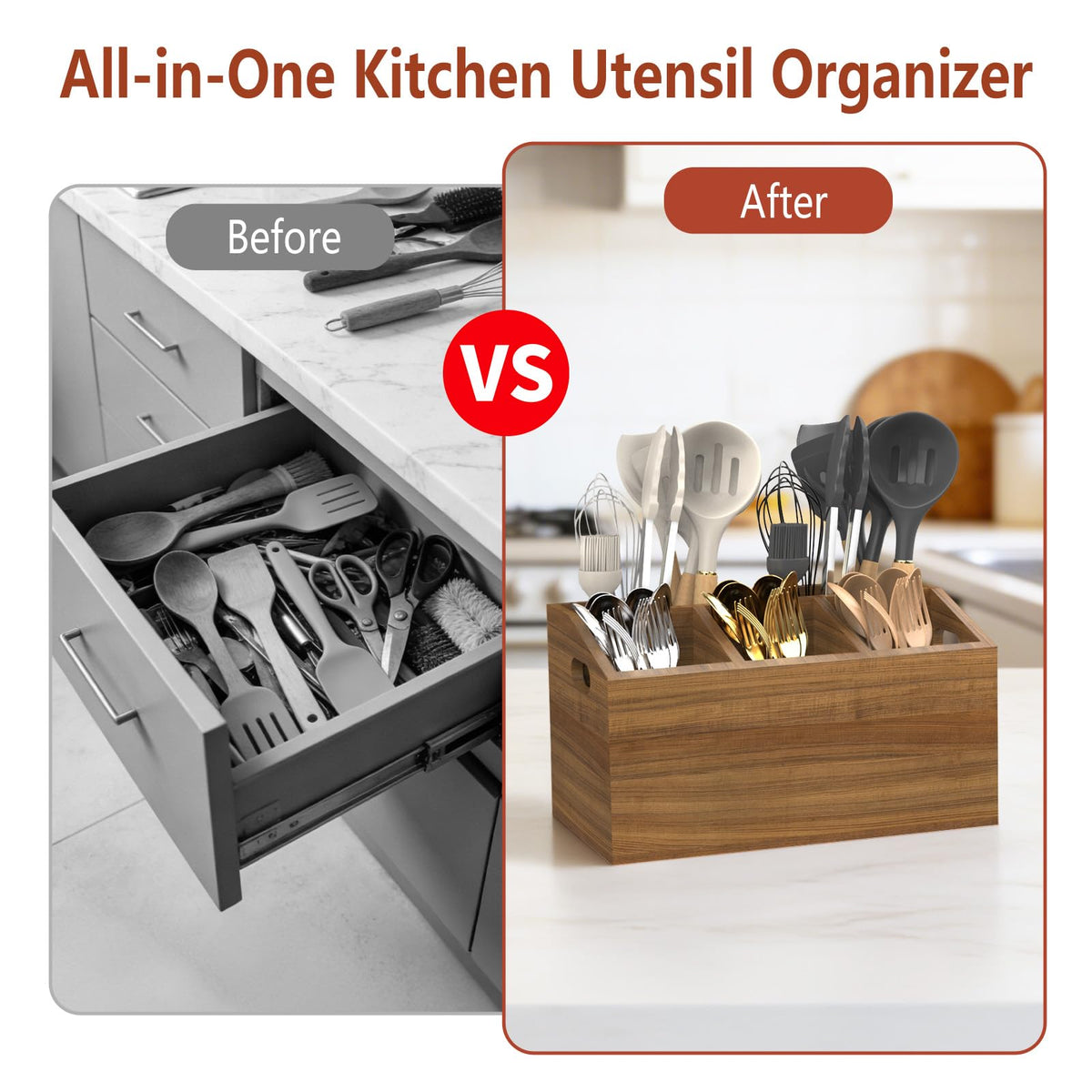 COAZEX Wooden Kitchen Utensil Holder for Countertop or Wall, Extra Large Acacia Wood Utensil Holder Organizer with 5 Compartments, Rustic Utensil Caddy for Cooking Tools & Silverware