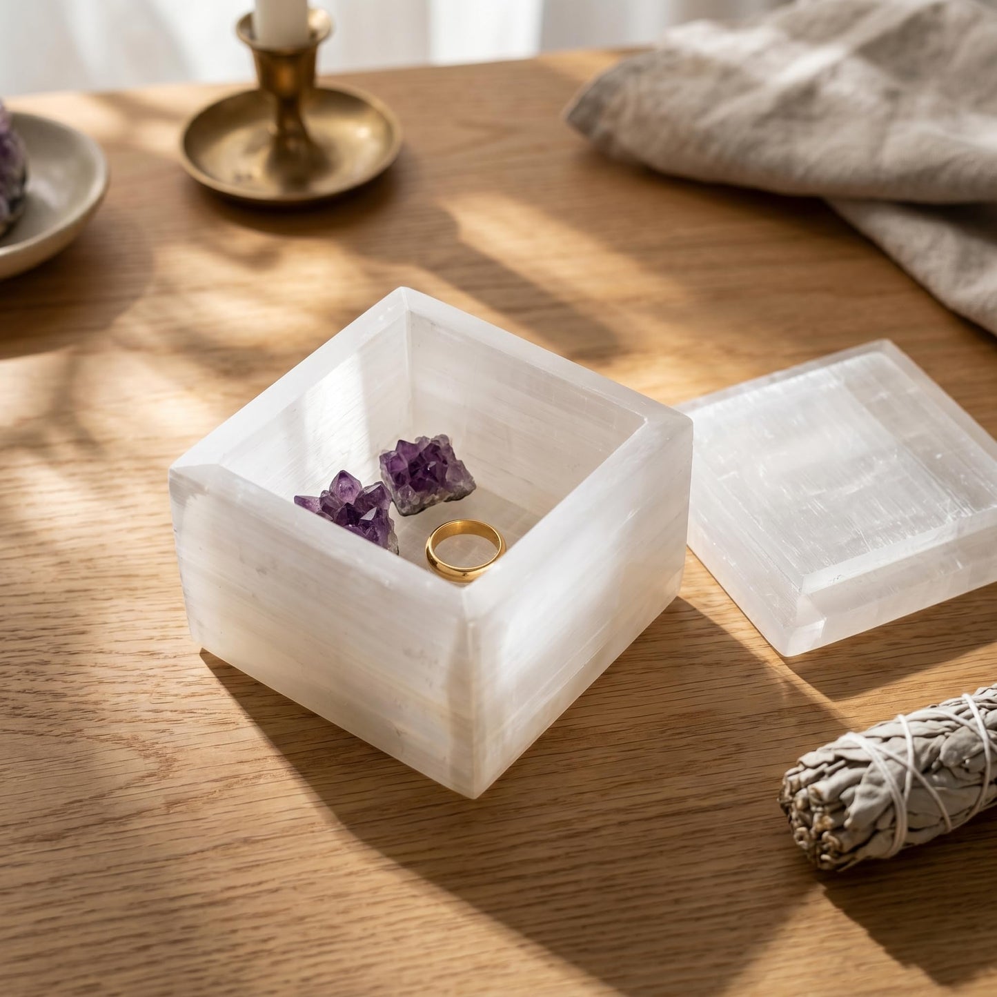 Natural Selenite Crystal Box, 4-Inch Stone Holder with Lid, Artisan-Crafted Geode Bowl for Energy Cleansing, Jewelry Storage, Meditation