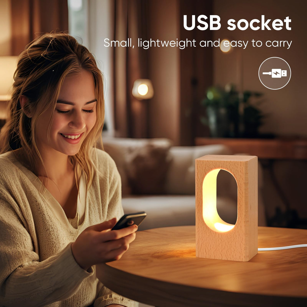 YIEONSHION LED Wood Desk Lamp, Dimmable Bedside Night Light for Bedroom, Creative Wooden Table Lamp, Warm Ambient Lighting, Unique Home Decor & Housewarming Gift