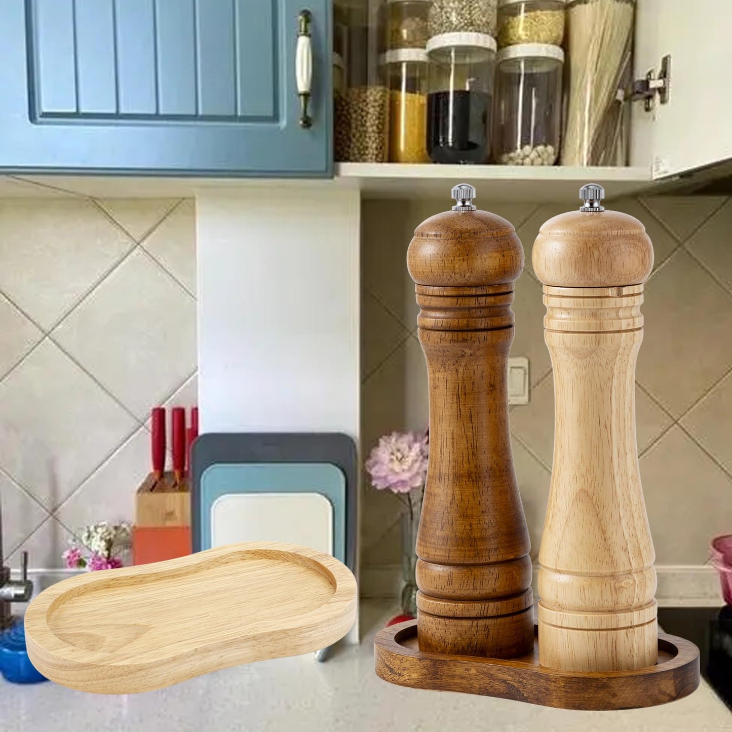 BINHAI Salt and Pepper Wood Mill Tray, Retro Colour Pepper Grinder Rest, Work Surface and Dining Table Protector (Pepper Mill not Included)
