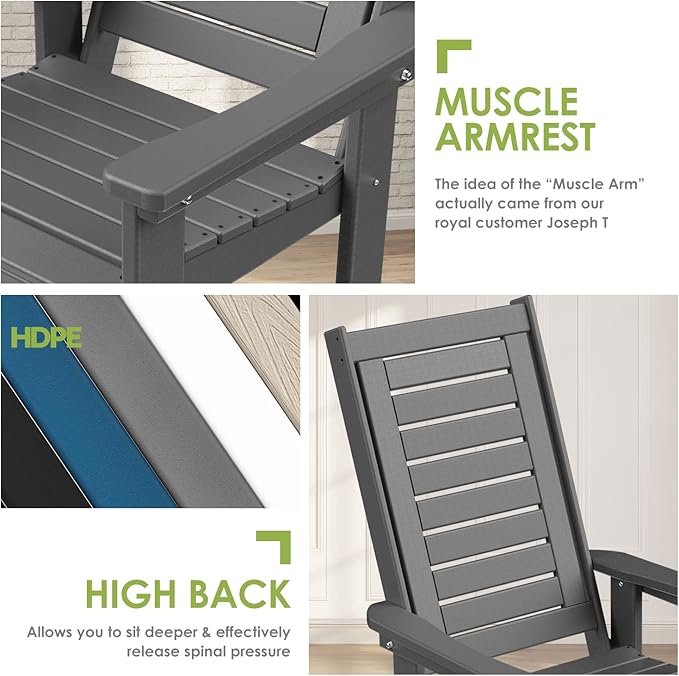 GREENVINES Outdoor Rocking Chair Set | 3-Piece | 2 Rocking Chairs with 1 Side Table | Porch Rocker | HDPE Plastic | Grey | Patio Furniture Sets | High Back | Big & Tall | Ladder Back