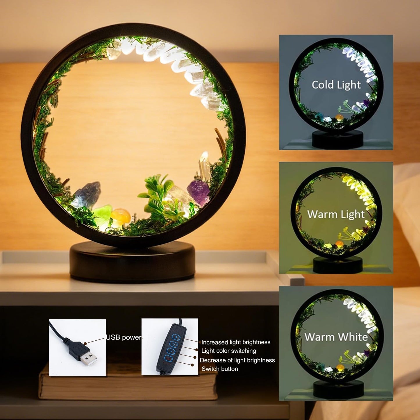 Runyangshi Forest Style Bedroom Night Light USB Port 3 Colours Dimming Mode Bedside Lamp Natural Clear Quartz Single Crystal Healing Crystal Night Lamp for Bedroom Office Home Decor Gift