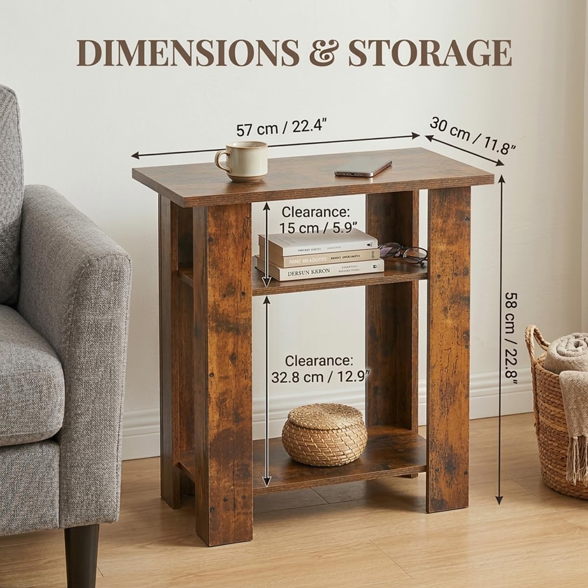 ZEXVIDA Narrow Side Table, 3 Tier Rustic End Table for Living Room, Small Wood Nightstand with Storage Shelves, Slim Bedside Table for Bedroom, Couch, Small Spaces, 22.8" High,Farmhouse Style