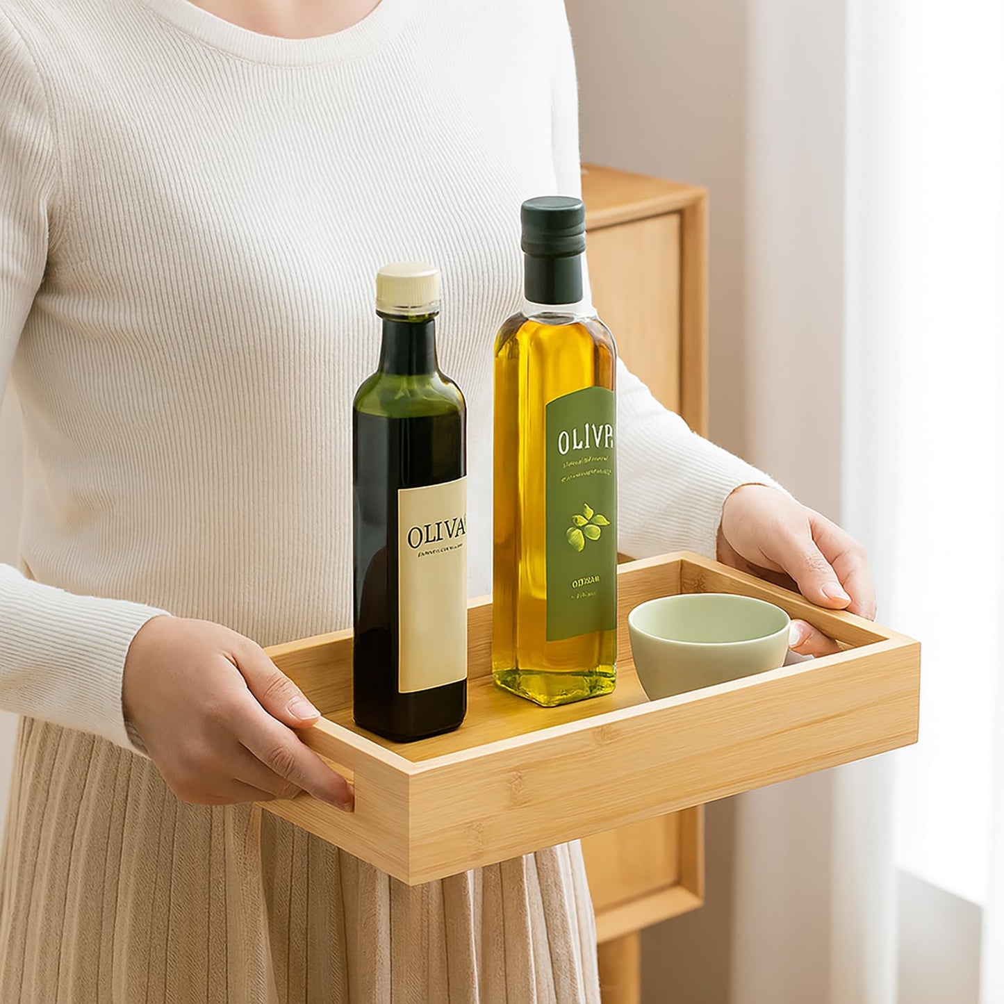 PPDVUUT Tray for Oil Bottles Kitchen Counter – Bamboo Organizer with Handles, Waterproof Coating & Non-Slip Feet, 13×8 Inch Condiment Holder for Spices, Sauces & Seasoning Jars