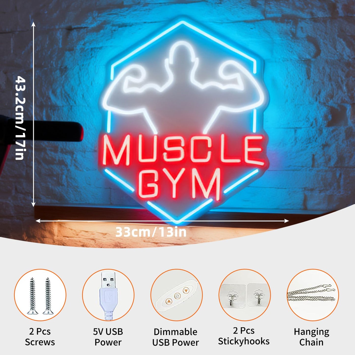 Muscle Gym LED Neon Sign, Home Gym Fitness Center Workout Space Fitness Studio Gym Room Wall Table Decor, Gift for Bodybuilder, USB Powered Dimmable Decorative Neon Light 17 x 13 In