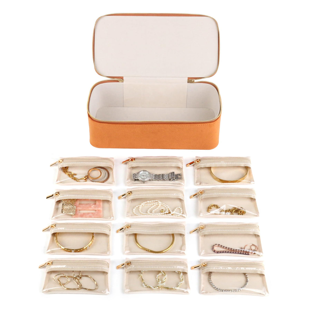 HofferRuffer Jewelry Box Organizer for Women Girls, Travel Jewelry Case with 12 Portable Zipper Bags, Jewelry Storage Ideal for Travel & Home Organization (12pcs-Brown Velvet)