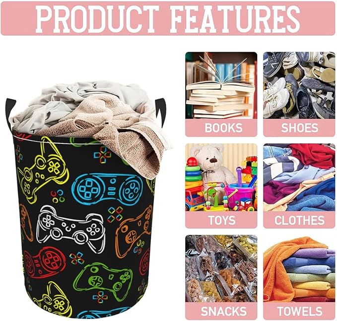 Colorful Game Joystick Silhouettes Laundry Hamper Bag