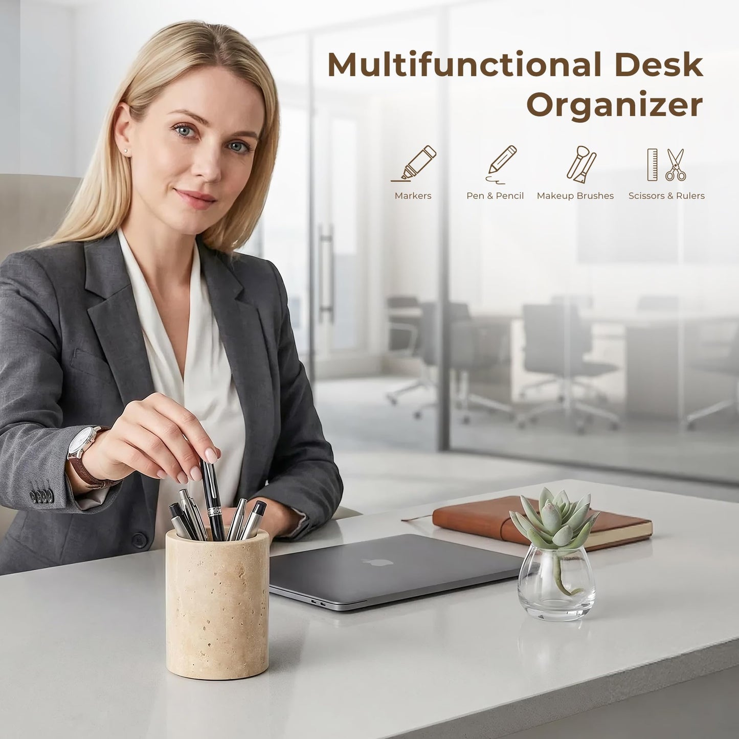 WORHE Travertine Stone Pen Holder for Desk, Handcrafted Volakas Sturdy Desk Organizer for Office Supplies Storage Desktop Stationary Makeup Brushes Cup Pencil Holders for Home Beige (WH101)